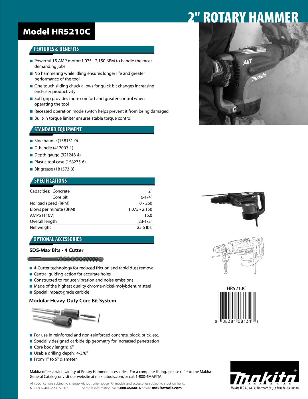 Makita HR5210C manual Features & Benefits, Standard Equipment, Specifications, Optional Accessories 