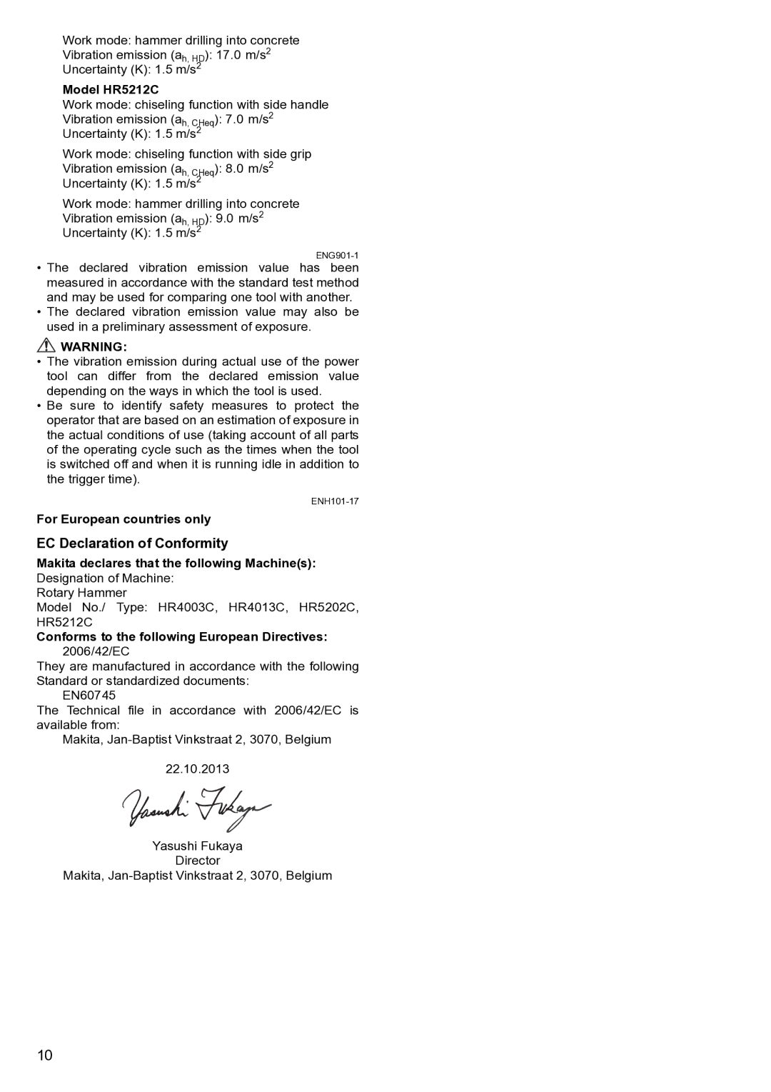 Makita HR5212C instruction manual EC Declaration of Conformity, For European countries only 