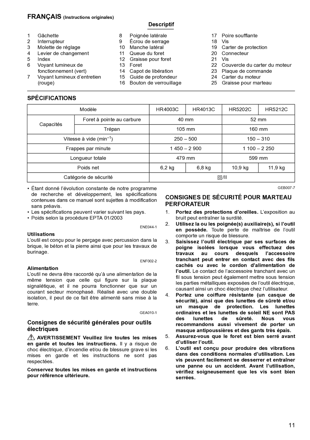 Makita HR5212C instruction manual Spécifications, Consignes DE Sécurité Pour Marteau, Perforateur, Électriques 