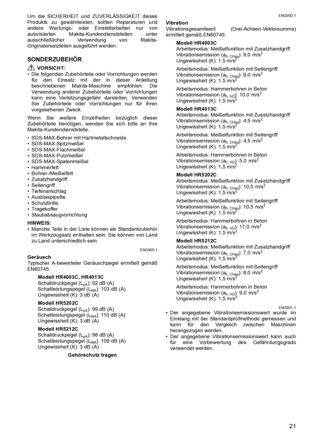 Makita HR5212C instruction manual Sonderzubehör 