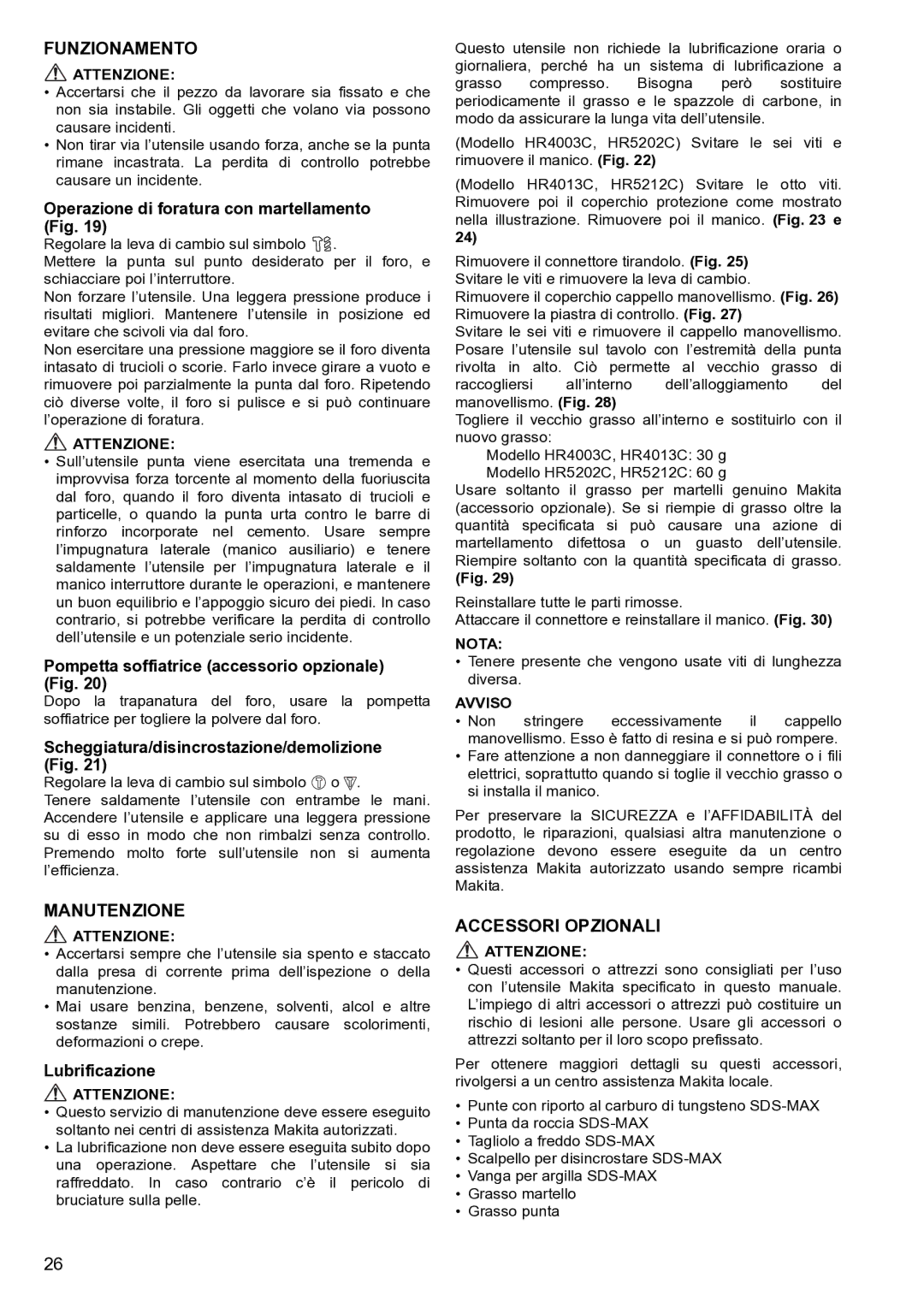 Makita HR5212C instruction manual Funzionamento, Manutenzione, Accessori Opzionali 