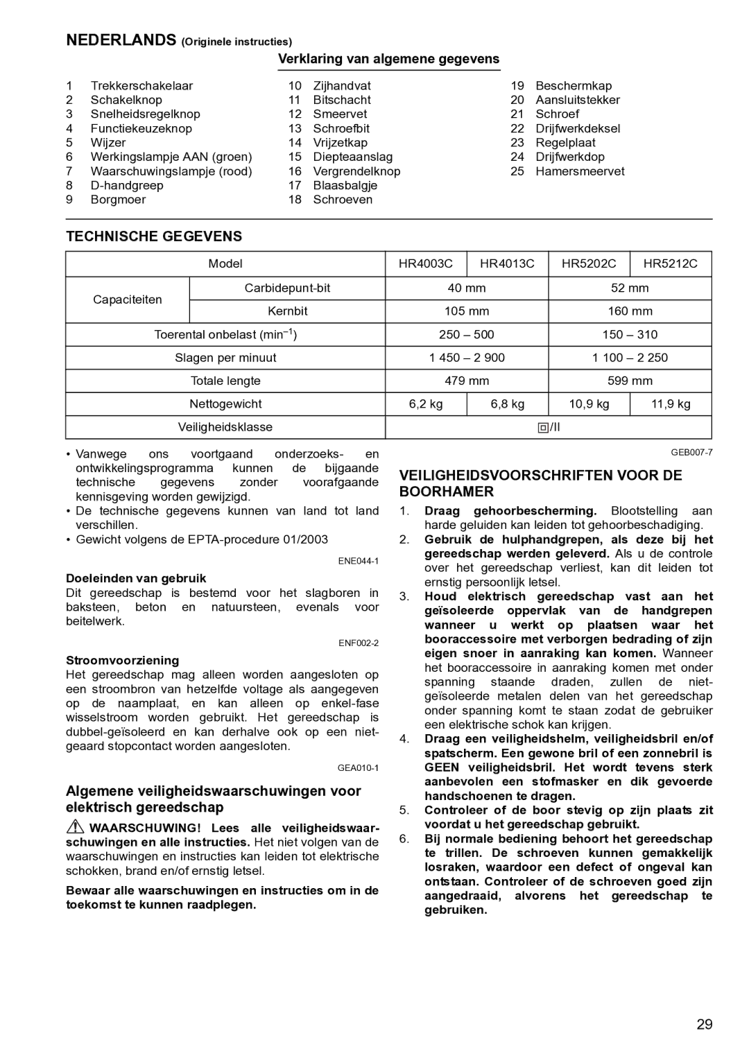 Makita HR5212C instruction manual Technische Gegevens, Veiligheidsvoorschriften Voor DE, Boorhamer, Elektrisch gereedschap 