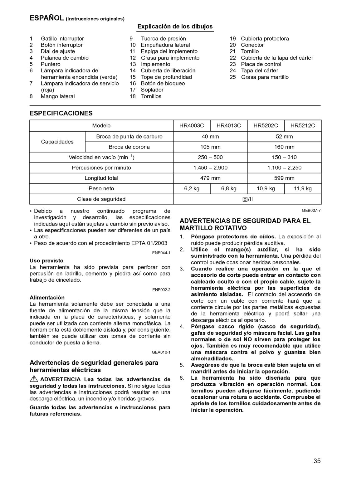 Makita HR5212C Especificaciones, Advertencias DE Seguridad Para EL, Herramientas eléctricas, Explicación de los dibujos 