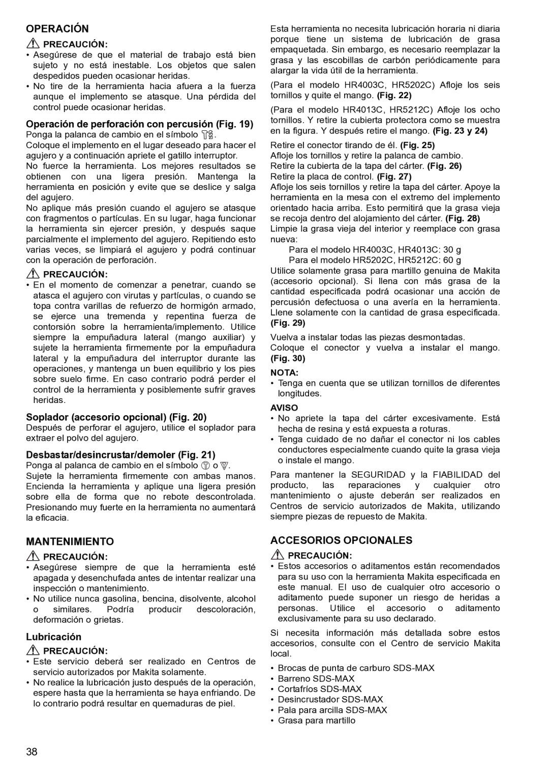 Makita HR5212C instruction manual Operación, Mantenimiento, Accesorios Opcionales 