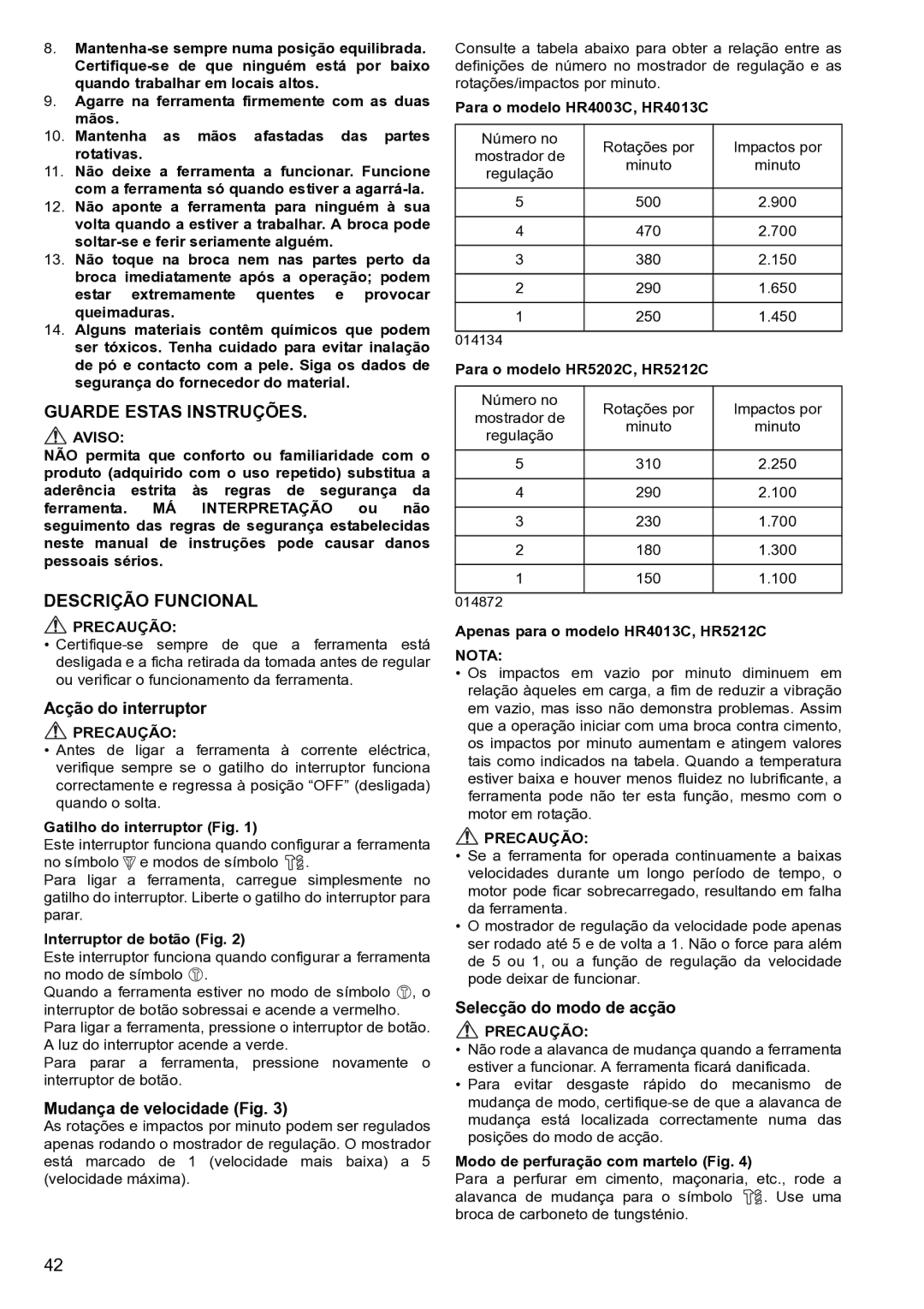 Makita HR5212C Guarde Estas Instruções, Descrição Funcional, Acção do interruptor, Mudança de velocidade Fig 