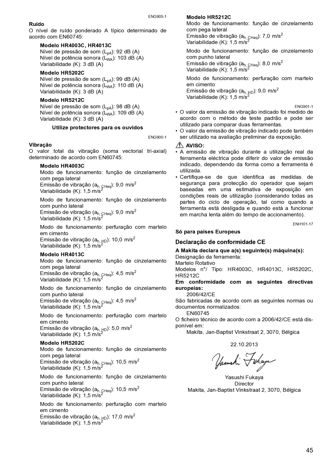 Makita HR5212C instruction manual Declaração de conformidade CE 