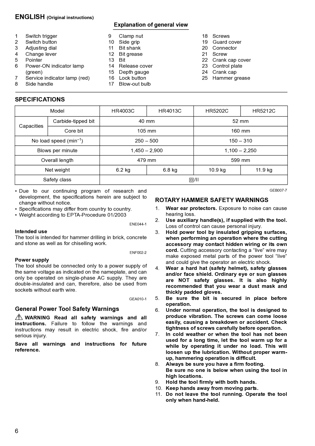 Makita HR5212C instruction manual Specifications, General Power Tool Safety Warnings, Rotary Hammer Safety Warnings 