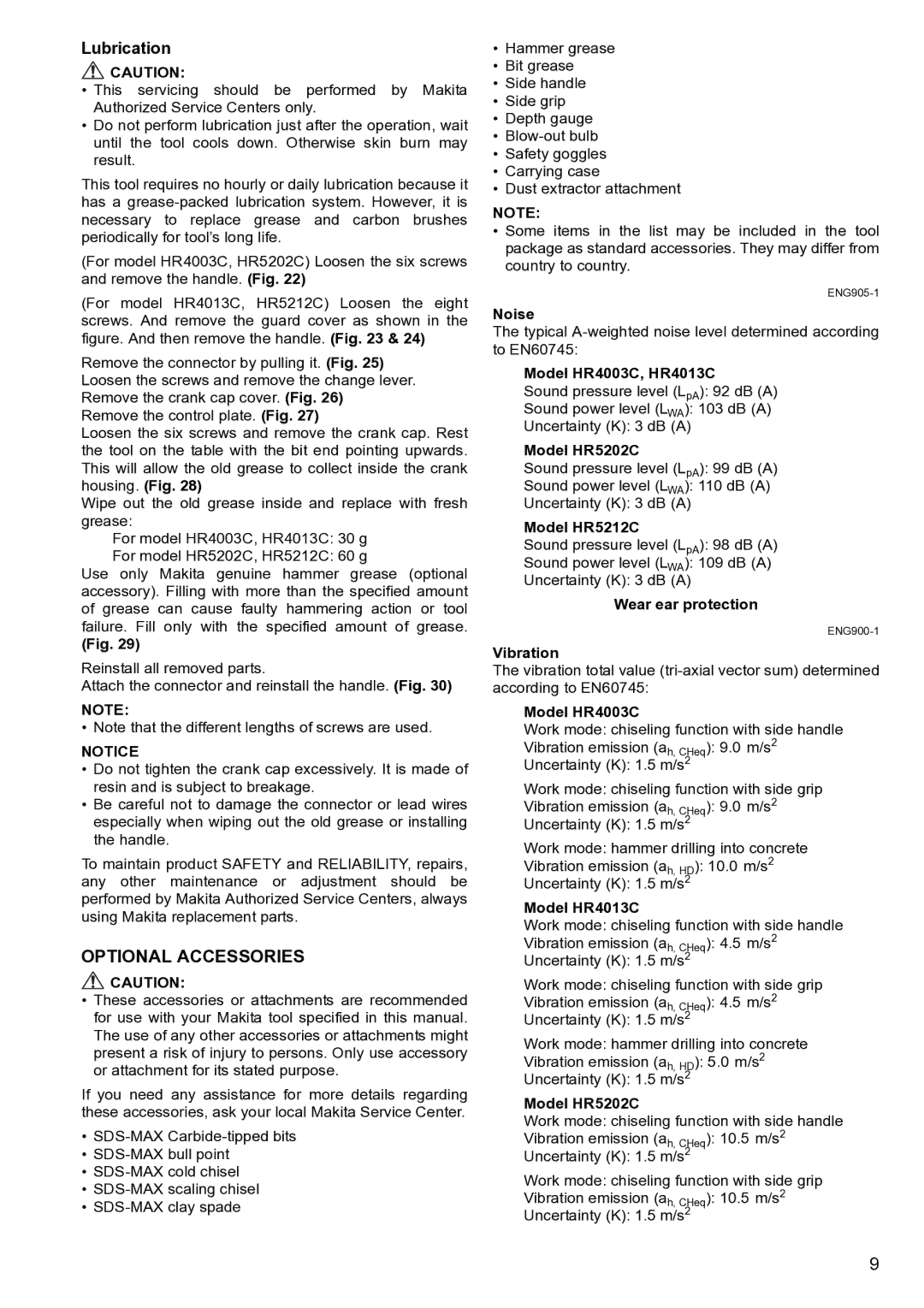 Makita HR5212C instruction manual Optional Accessories, Lubrication 