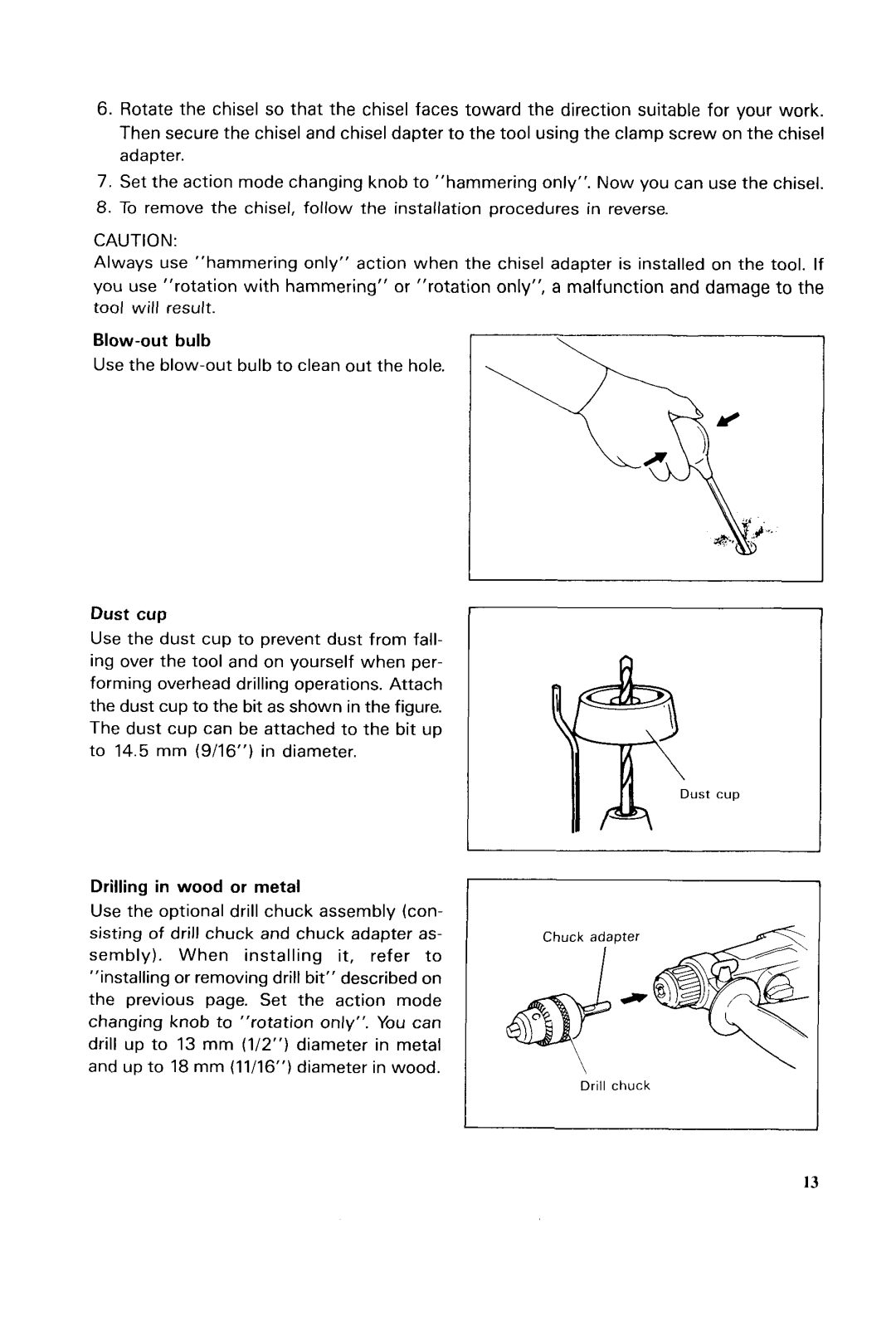 Makita HRIGODH instruction manual Blow-out bulb, Dust cup, Drilling in wood or metal 