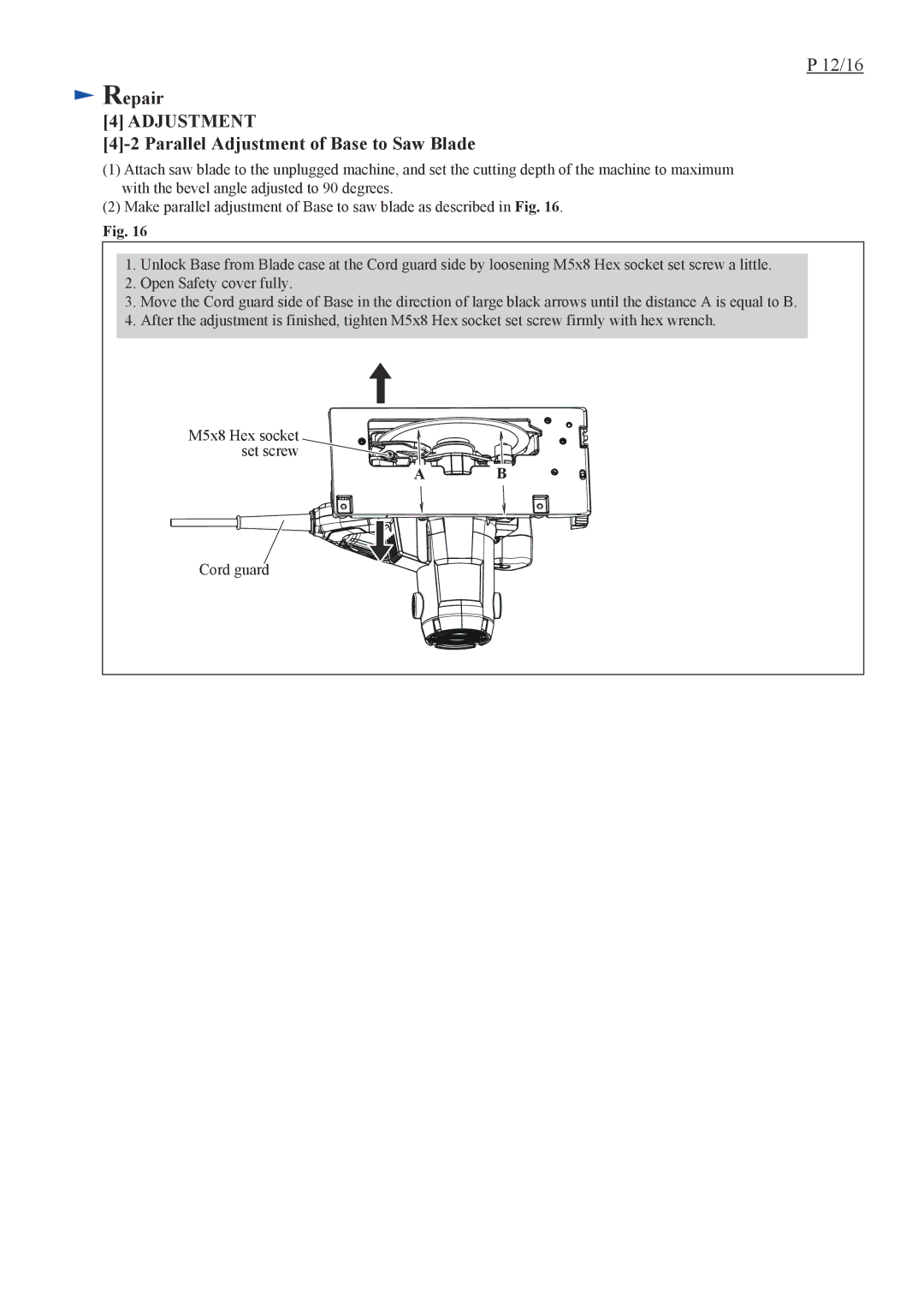 Makita HS7101, HS7100 specifications Parallel Adjustment of Base to Saw Blade 