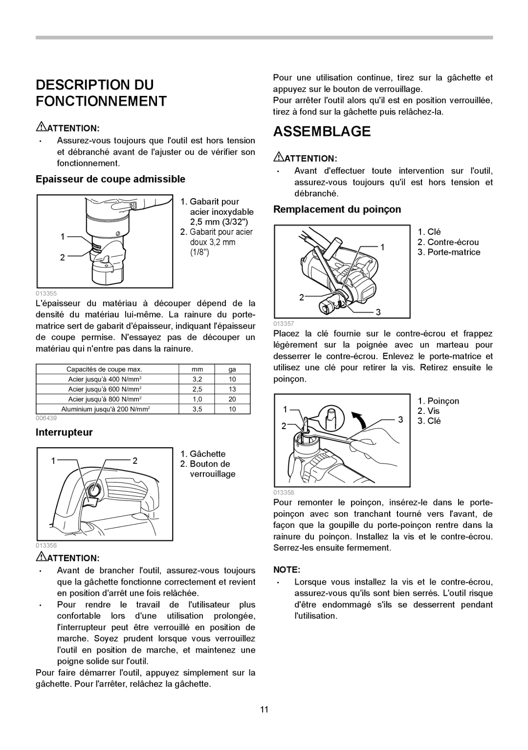 Makita JN3201 Description DU Fonctionnement, Assemblage, Epaisseur de coupe admissible, Remplacement du poinçon 