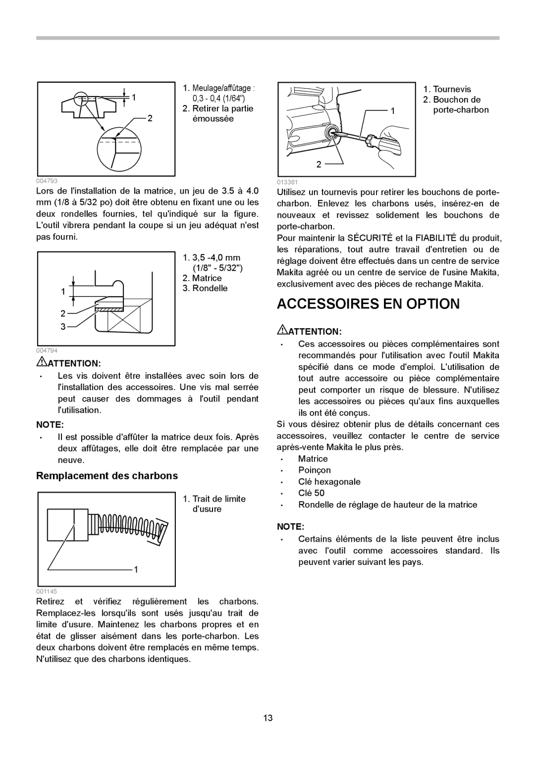 Makita JN3201 instruction manual Accessoires EN Option, Remplacement des charbons 