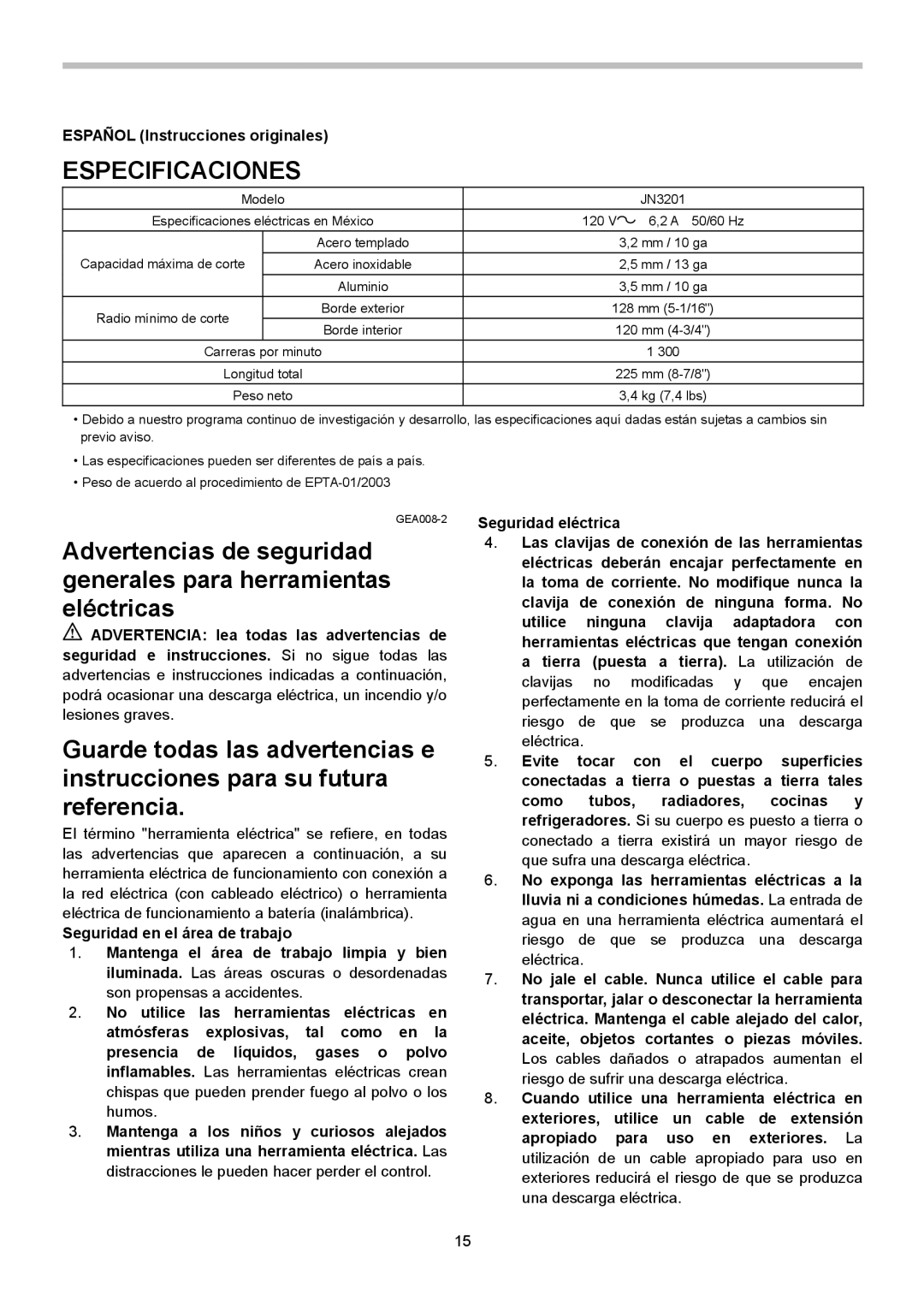 Makita JN3201 instruction manual Especificaciones, Español Instrucciones originales 