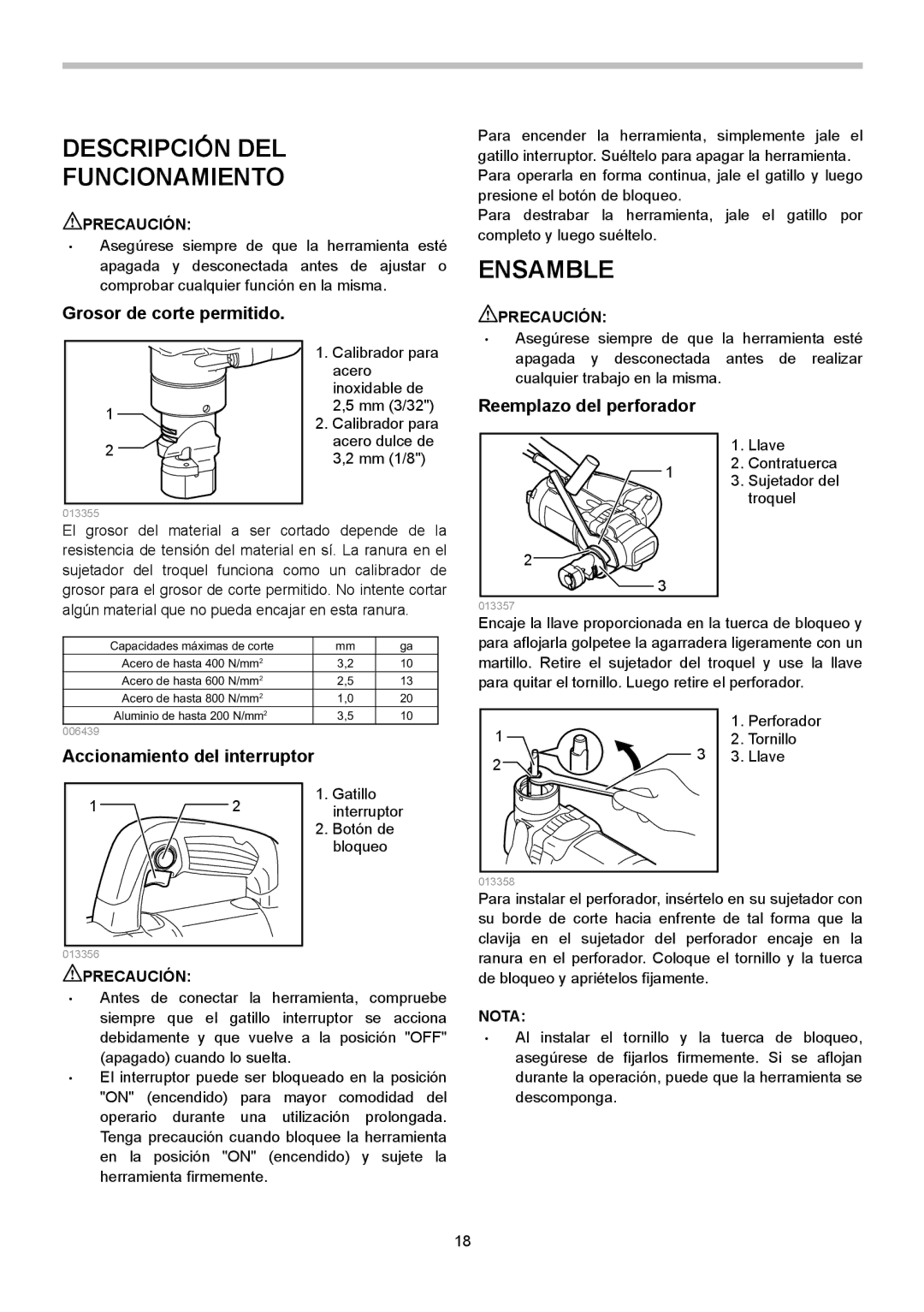 Makita JN3201 Descripción DEL Funcionamiento, Ensamble, Grosor de corte permitido, Reemplazo del perforador 