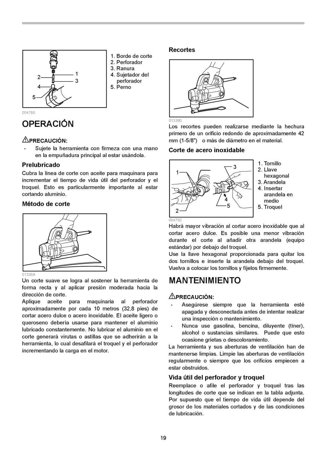 Makita JN3201 instruction manual Operación, Mantenimiento, Prelubricado, Método de corte Corte de acero inoxidable 