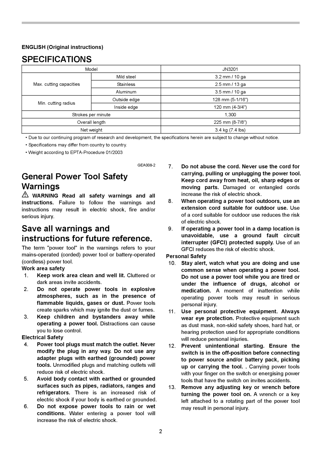 Makita JN3201 instruction manual Specifications, General Power Tool Safety Warnings, English Original instructions 