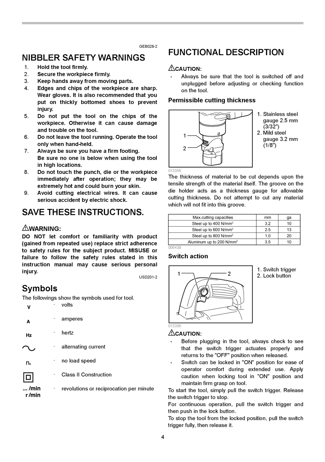 Makita JN3201 Nibbler Safety Warnings, Symbols, Functional Description, Permissible cutting thickness, Switch action 