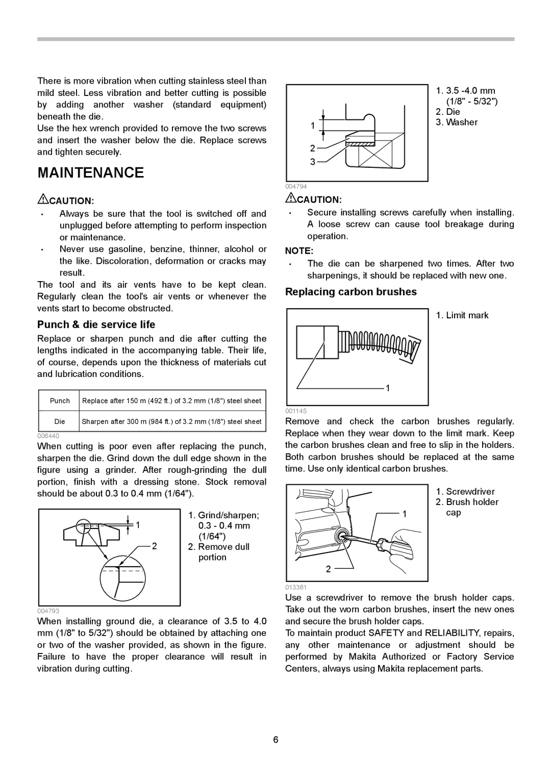 Makita JN3201 instruction manual Maintenance, Punch & die service life, Replacing carbon brushes 