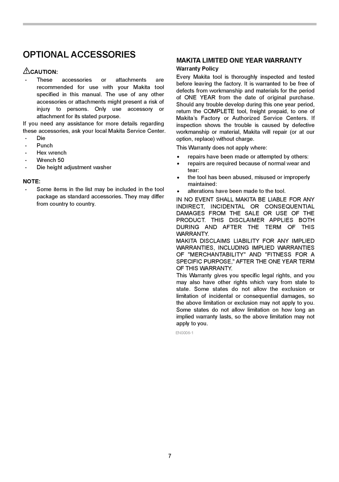 Makita JN3201 instruction manual Optional Accessories, Warranty Policy 