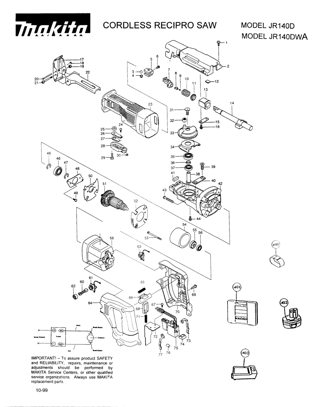 Makita manual ACORDLESS Recipro SAW, Model JR140D Model JR14ODWA 