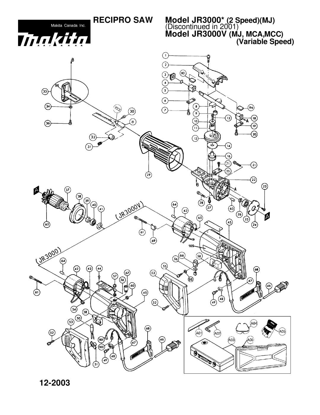 Makita manual Recipro SAW Model JR3000* 2 SpeedMJ 