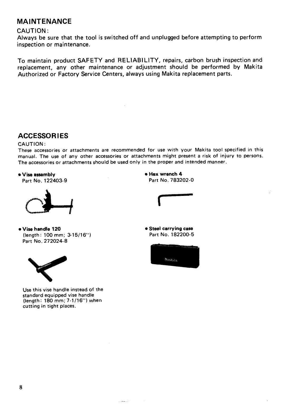 Makita JR3010 instruction manual Maintenance, Vise assembly Hex wrench Vise handle 