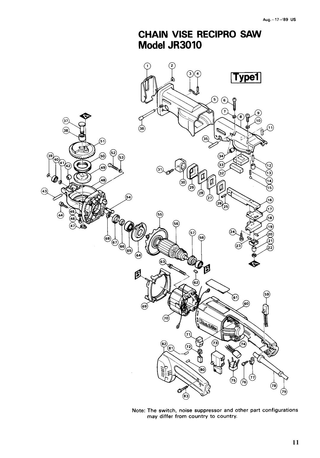 Makita instruction manual Model JR3010, Chain Vise Recipro Saw, Aug.-17-89 US 