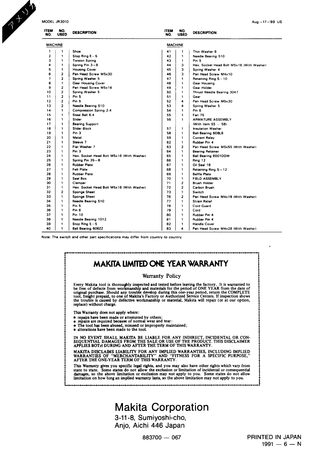 Makita JR3010 MAKKA LIMrrED ONE YEAR WARRANTY, Makita Corporation, 1991 - 6 - N, Warranty Policy, 883700, Printed In Japan 