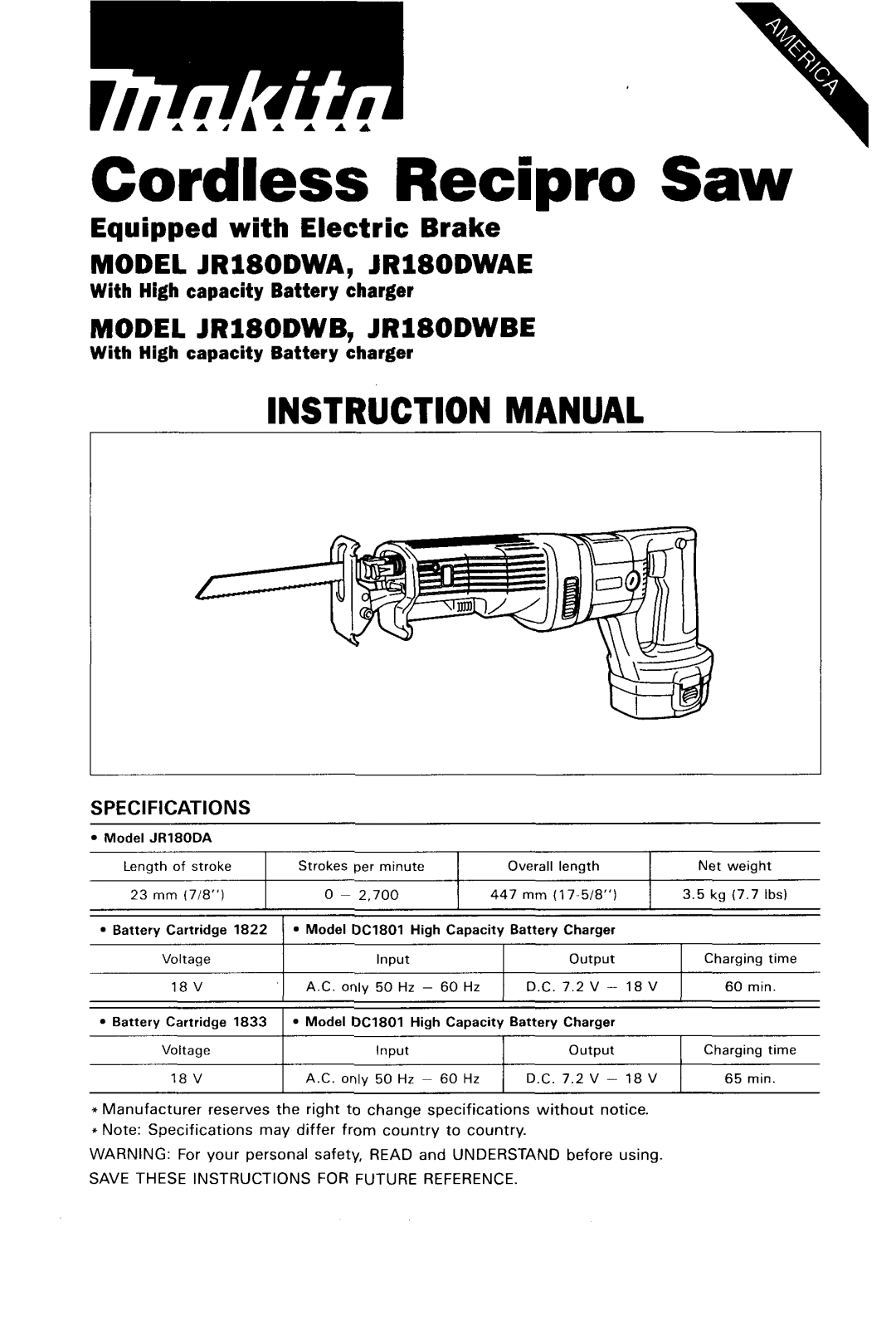 Makita JRl8ODWAE, JRl8ODWBE, MODEL JR180DWB instruction manual Cordless Recipro Saw, With High capacity Battery charger 