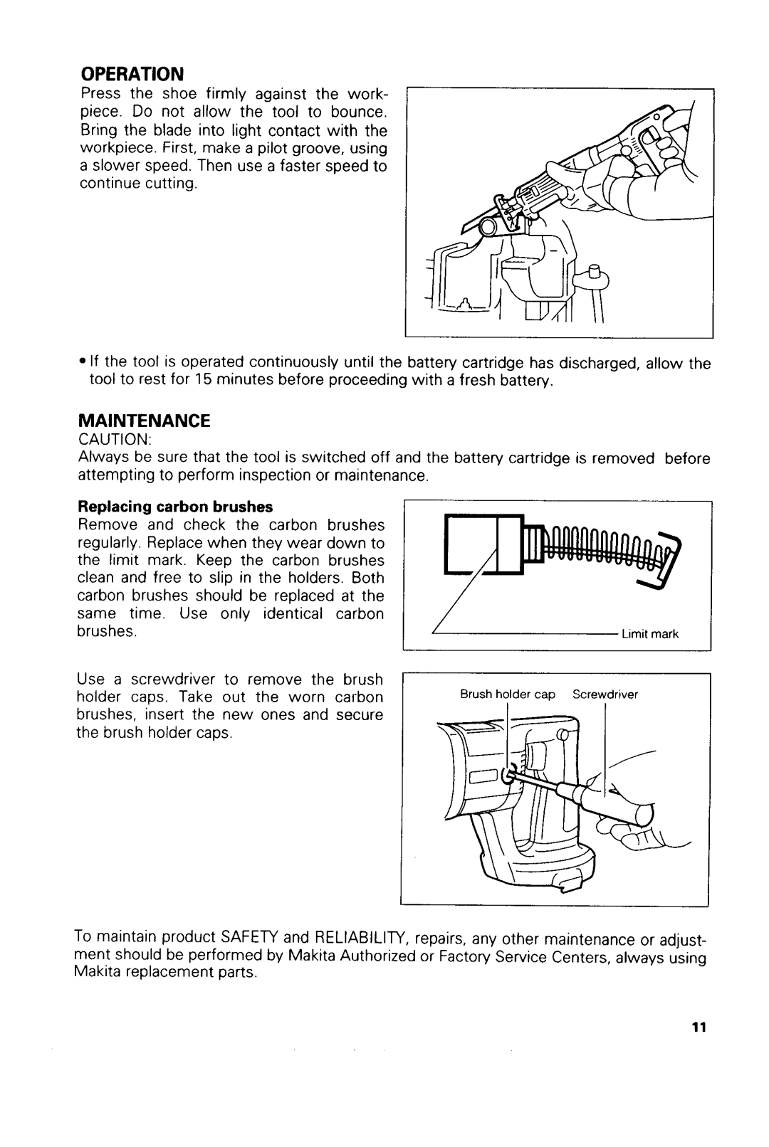 Makita JR180DWA, JRl8ODWBE, JRl8ODWAE, MODEL JR180DWB instruction manual Maintenance, Replacing carbon brushes 