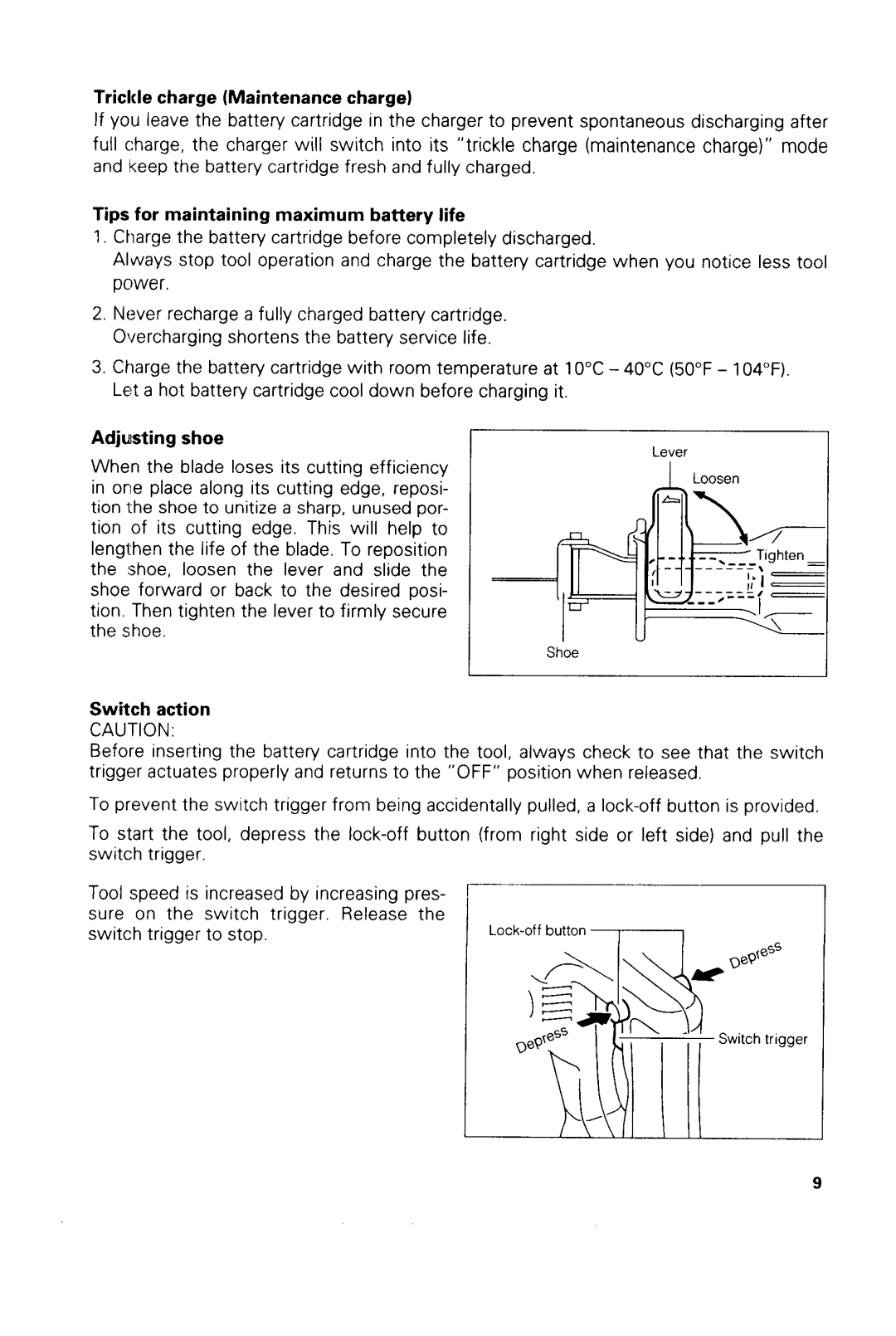 Makita JRl8ODWAE, JRl8ODWBE Trickle charge Maintenance charge, Tips for maintaining maximum battery life, Adjusting shoe 