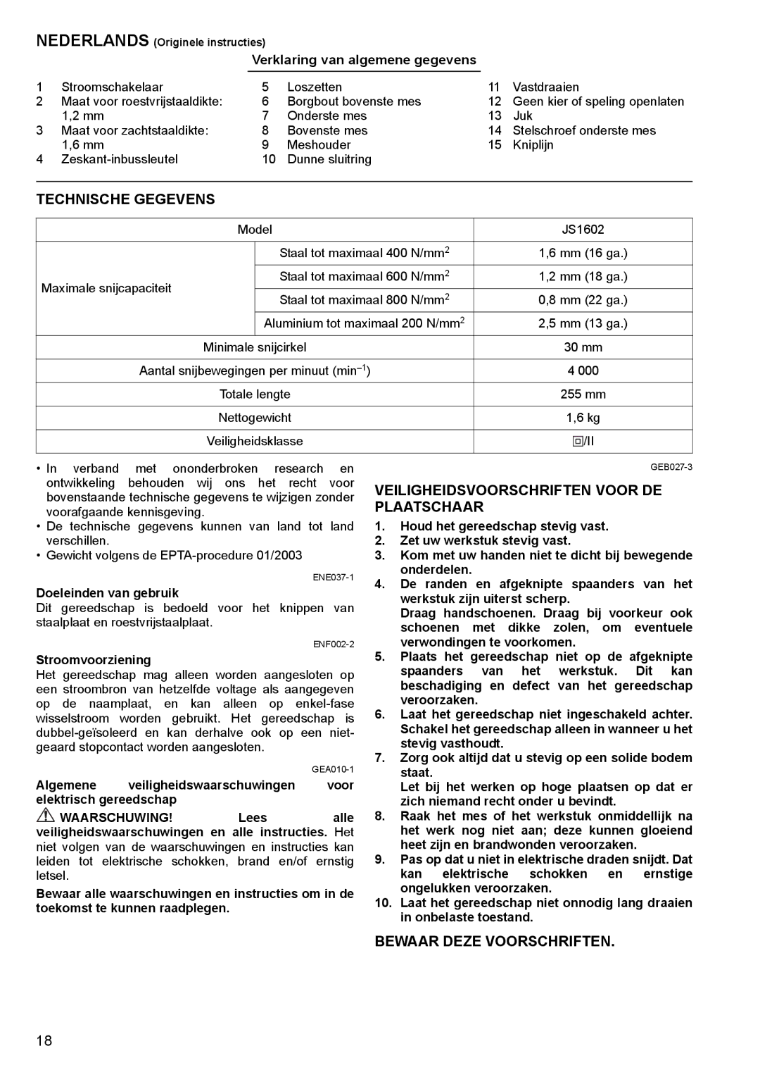 Makita JS1602 Technische Gegevens, Veiligheidsvoorschriften Voor DE, Plaatschaar, Bewaar Deze Voorschriften 