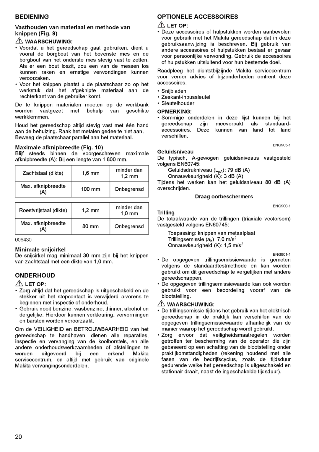 Makita JS1602 instruction manual Bediening, Onderhoud, Optionele Accessoires 