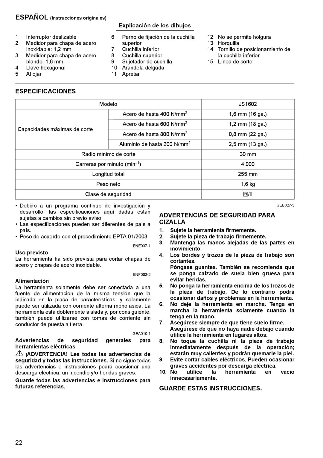 Makita JS1602 instruction manual Especificaciones, Advertencias DE Seguridad Para, Cizalla, Guarde Estas Instrucciones 