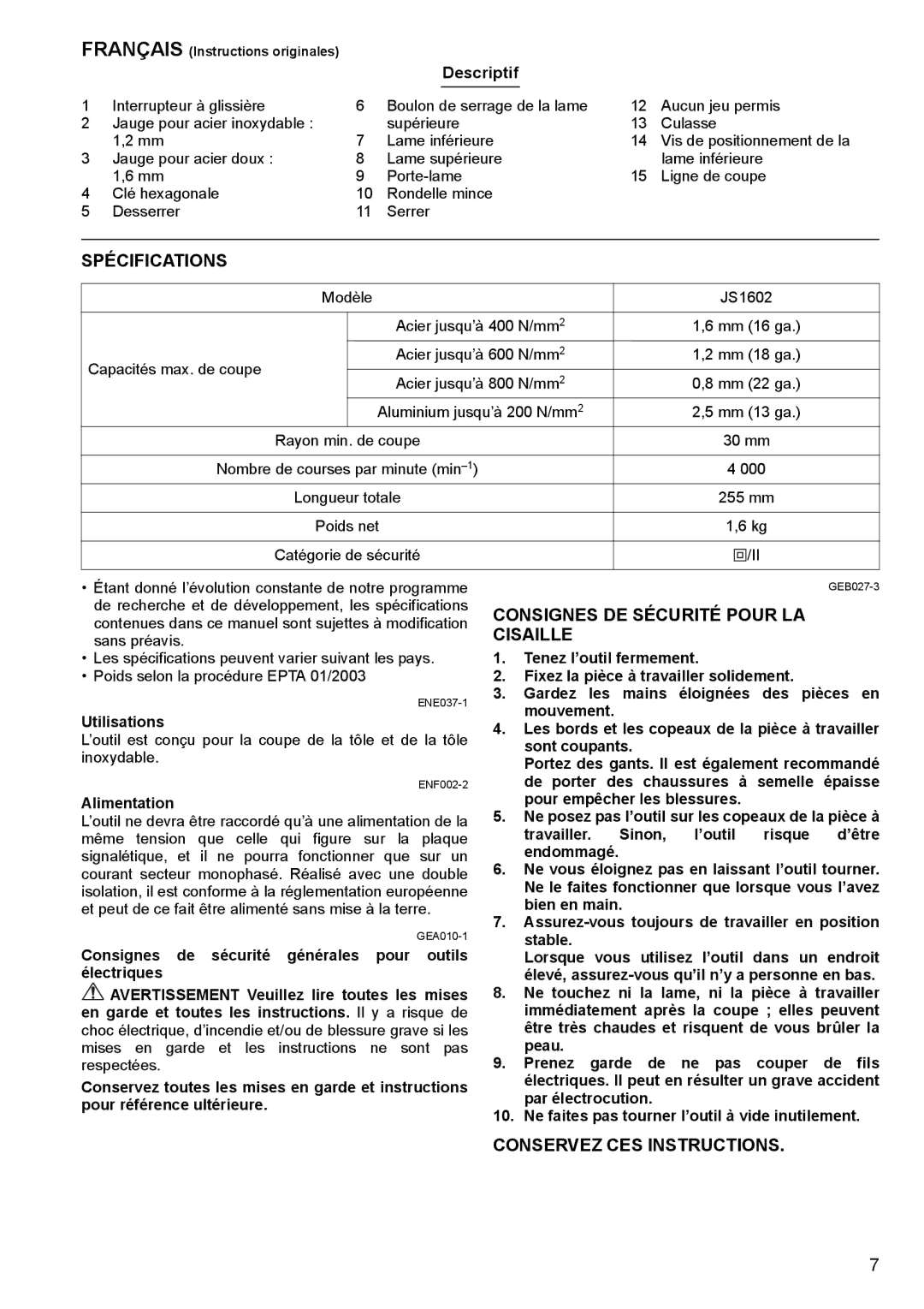 Makita JS1602 Spécifications, Consignes DE Sécurité Pour LA, Cisaille, Conservez CES Instructions, Descriptif 