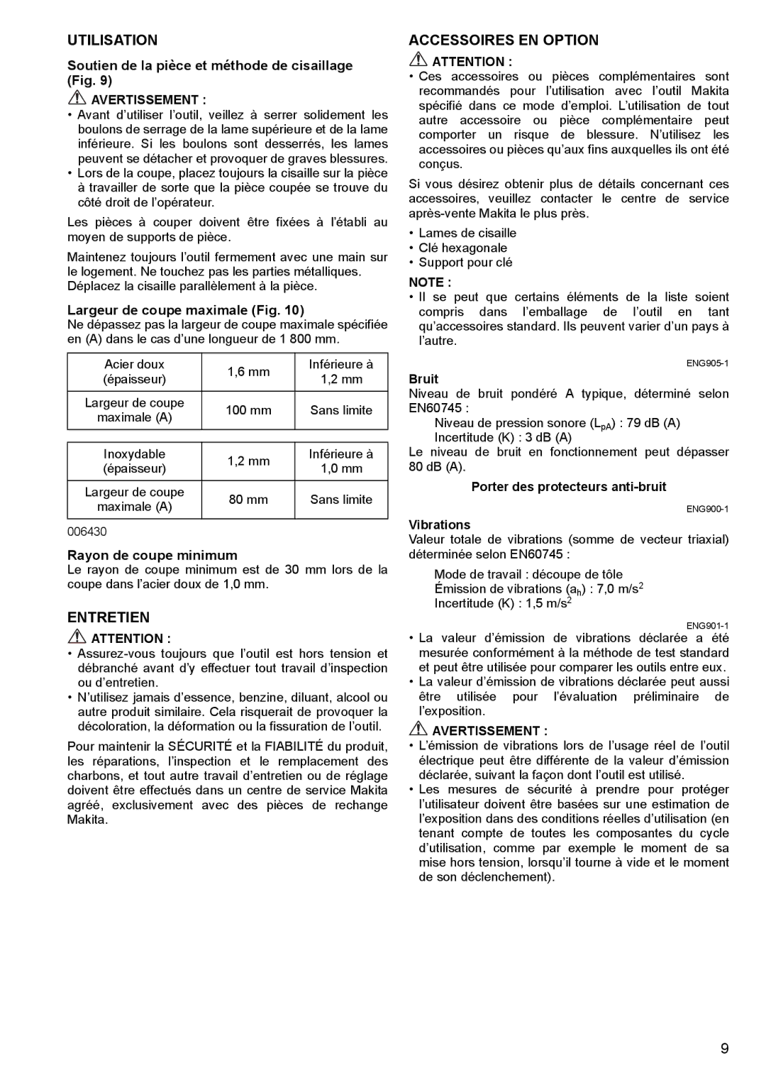 Makita JS1602 instruction manual Utilisation, Entretien, Accessoires EN Option 