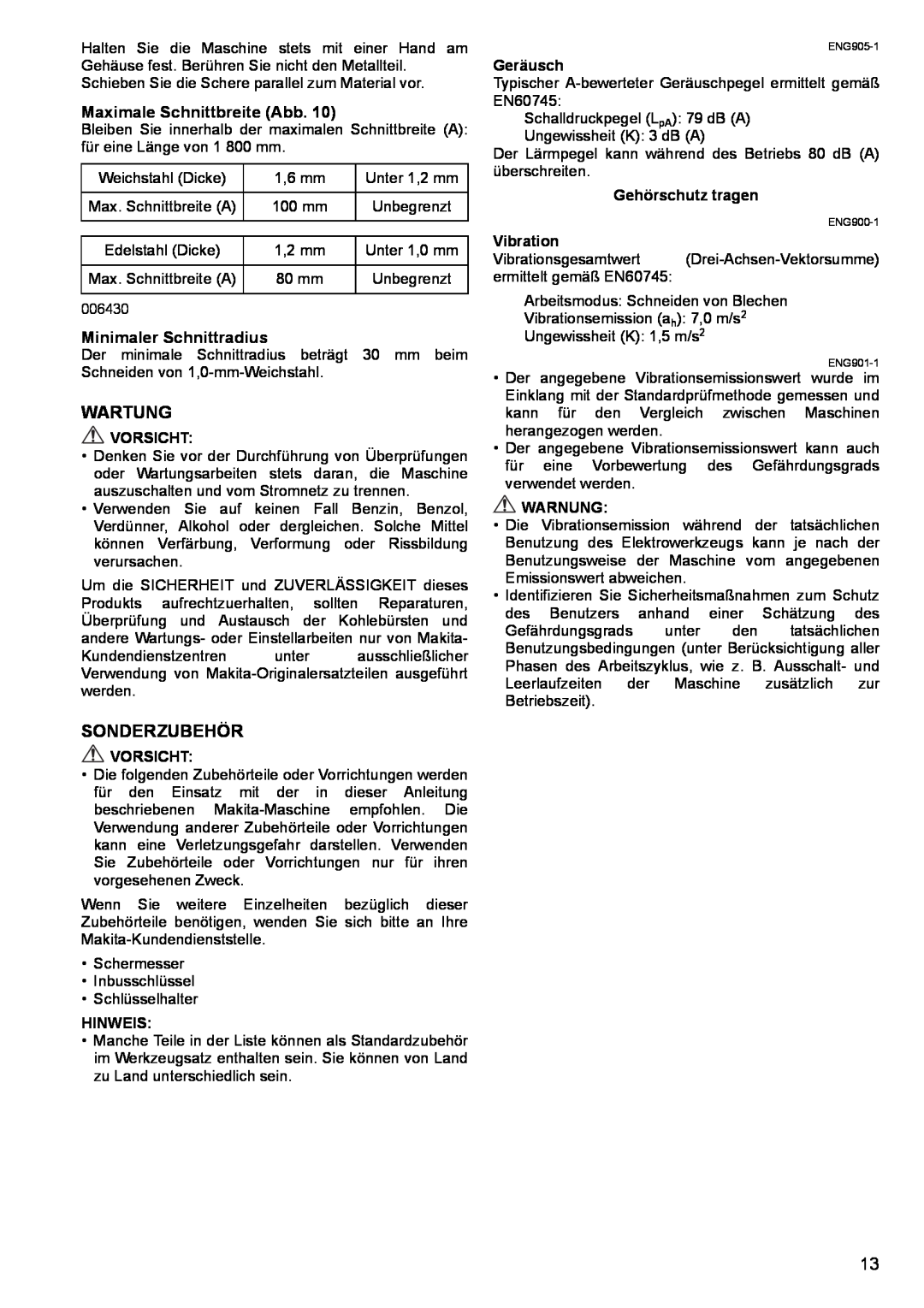 Makita JS1602 instruction manual Wartung, Sonderzubehör, Maximale Schnittbreite Abb, Minimaler Schnittradius 