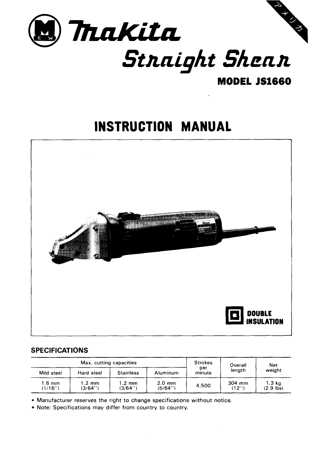 Makita instruction manual MODEL JS1660, Double, Specifications, Insulation 
