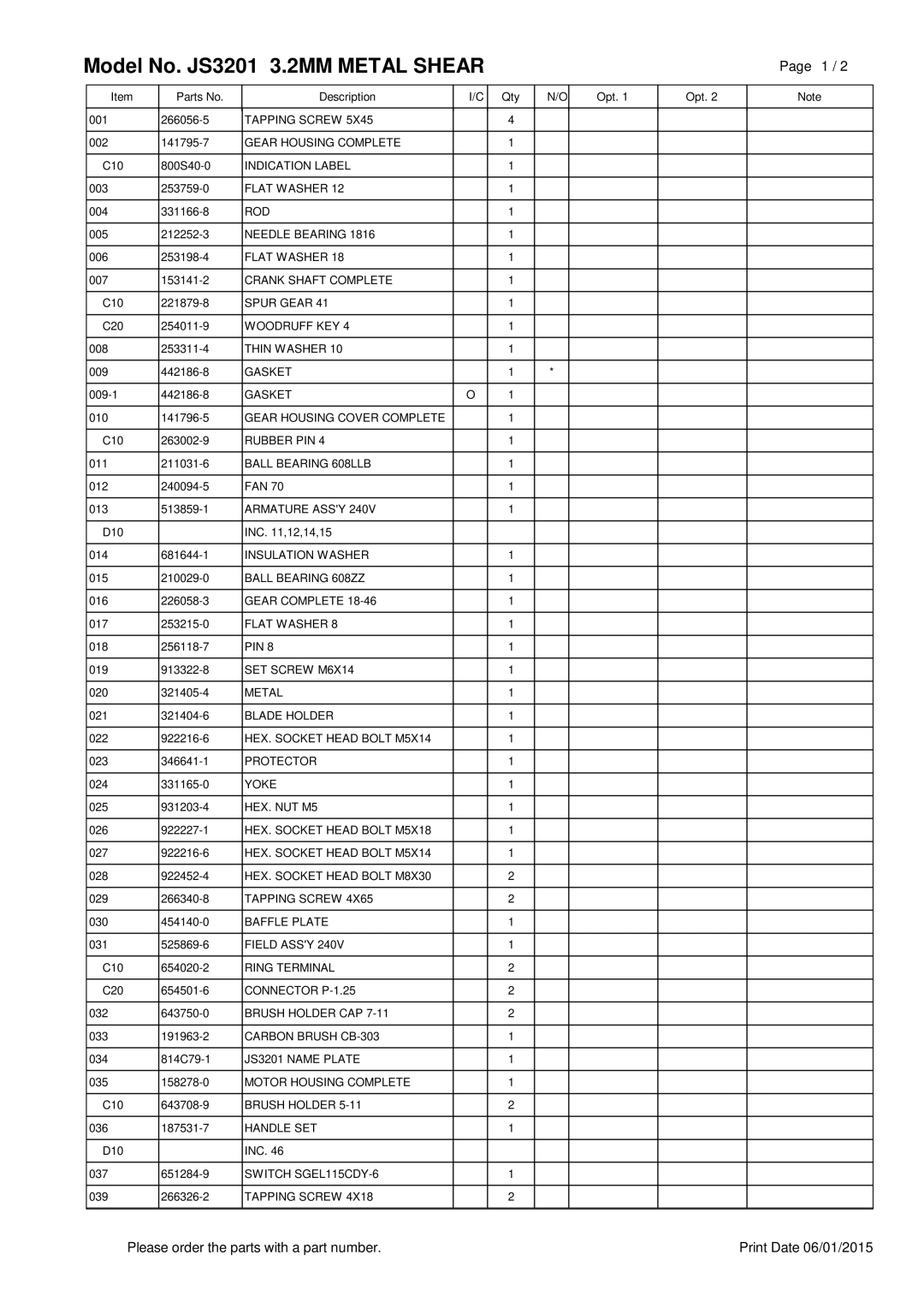 Makita manual Model No. JS3201 3.2MM METAL SHEAR, Please order the parts with a part number, Print Date 06/01/2015, Page 