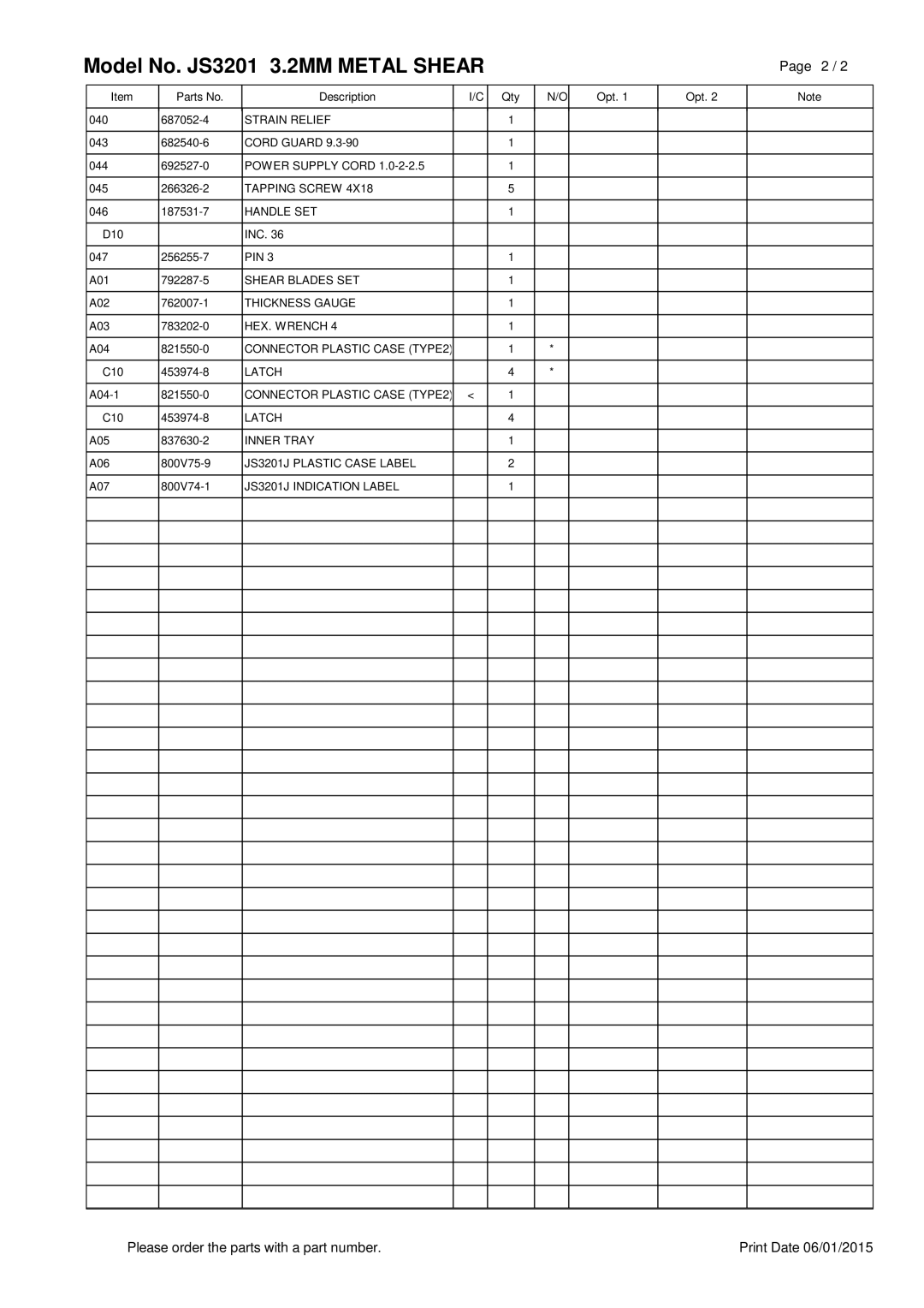 Makita manual Page, Model No. JS3201 3.2MM METAL SHEAR, Please order the parts with a part number, Print Date 06/01/2015 