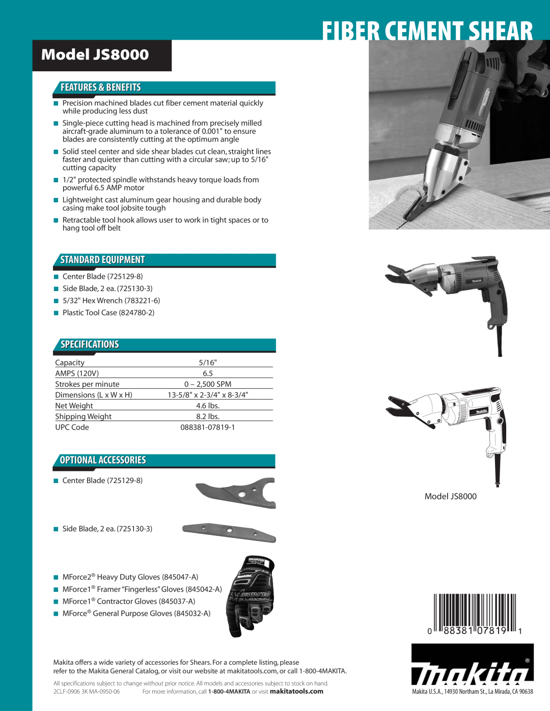 Makita JS8000 manual Features & Benefits, Standard Equipment, Specifications, Optional Accessories, Fiber Cement Shear 
