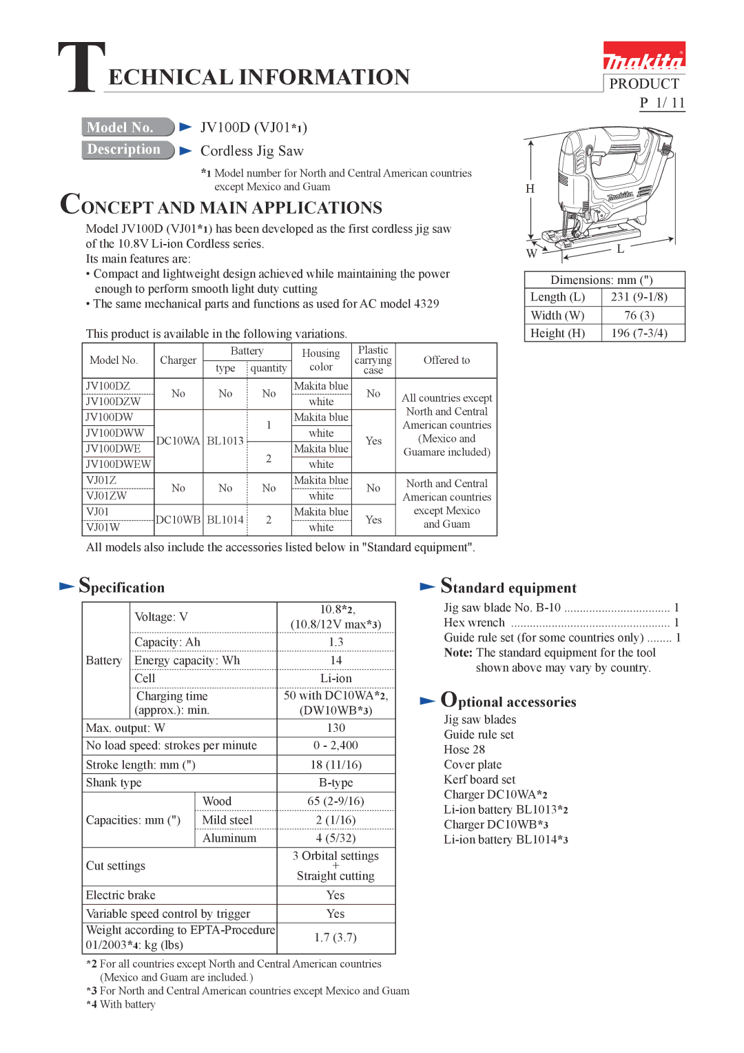 Makita VJ01, JV100D dimensions Specification, Standard equipment, Optional accessories 