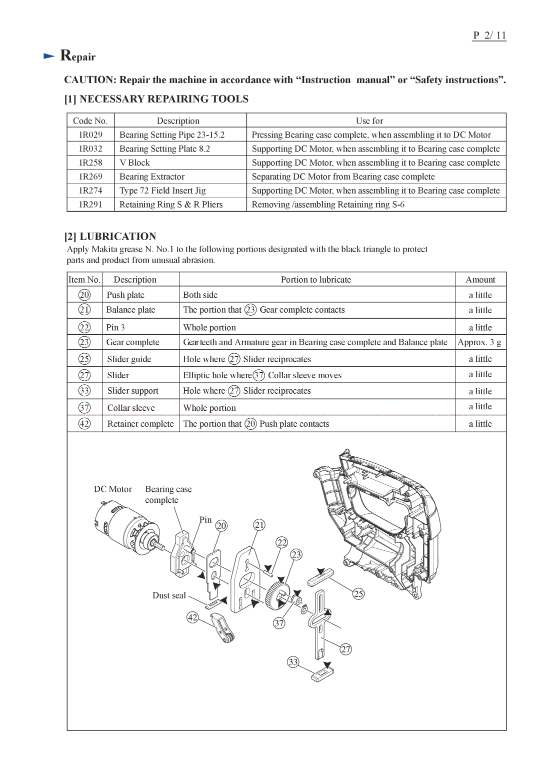 Makita JV100D, VJ01 dimensions Necessary Repairing Tools 