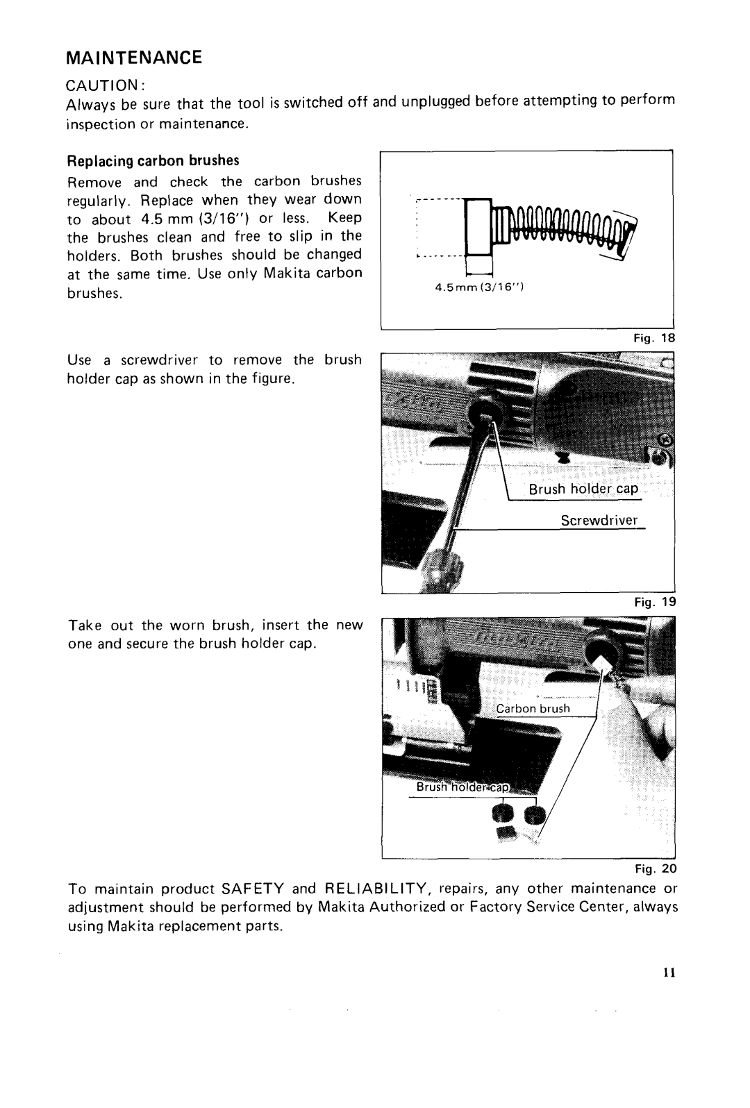 Makita JV2000 instruction manual Maintenance, Replacing carbon brushes 