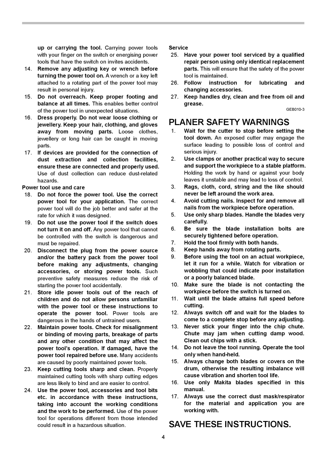 Makita KP0810C instruction manual Planer Safety Warnings 