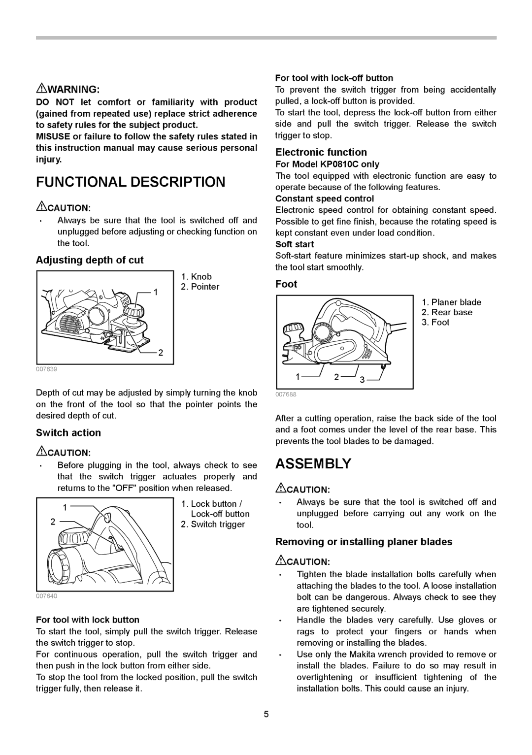 Makita KP0810C instruction manual Functional Description, Assembly 