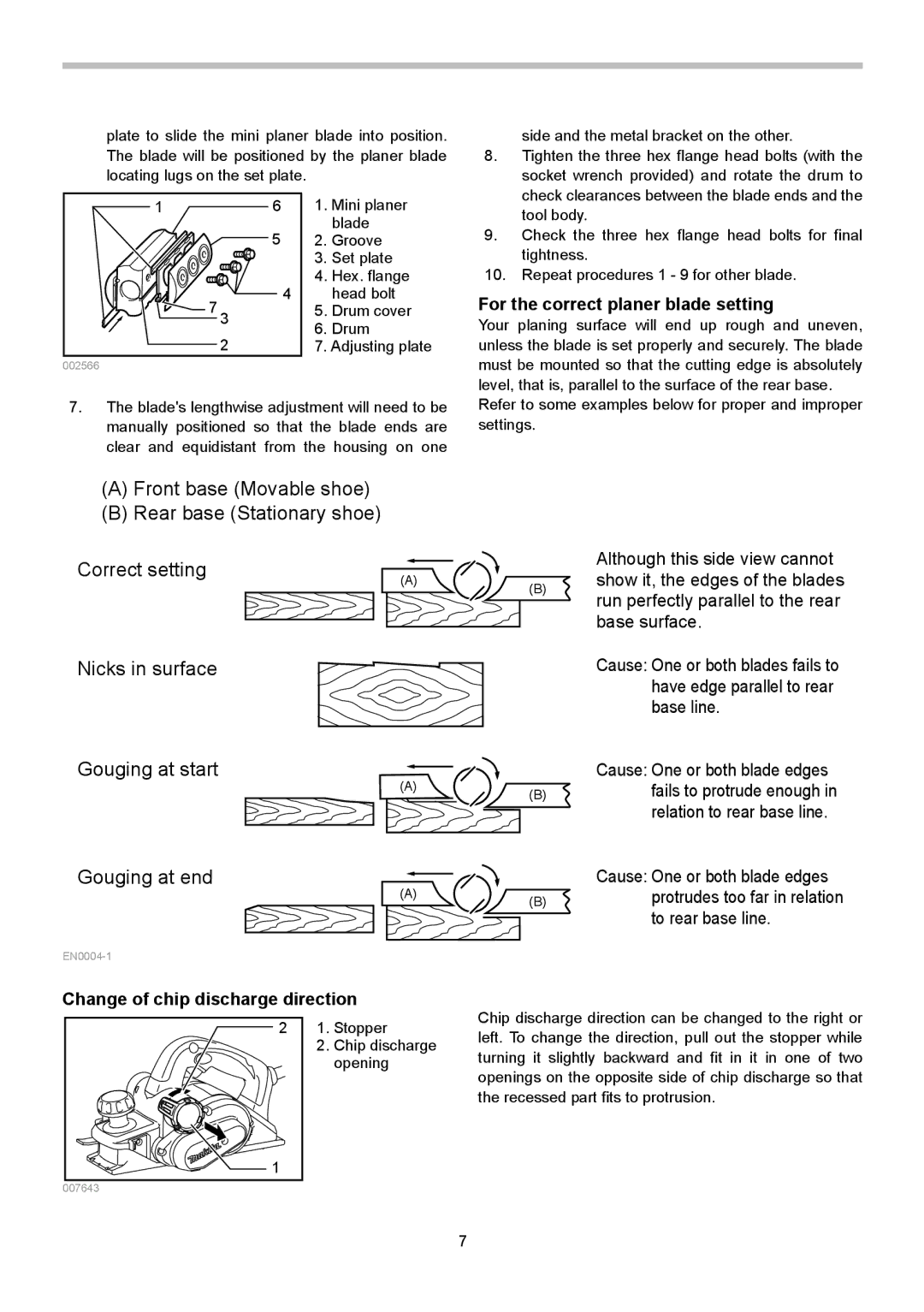 Makita KP0810C instruction manual For the correct planer blade setting, Change of chip discharge direction 