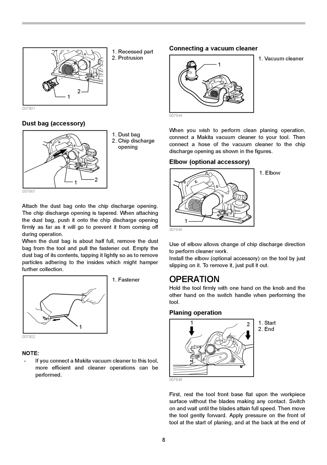 Makita KP0810C Operation, Connecting a vacuum cleaner, Dust bag accessory, Elbow optional accessory, Planing operation 