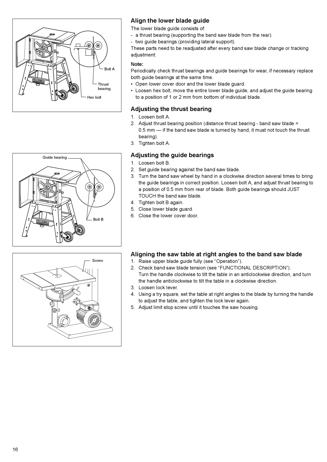 Makita LB1200F instruction manual Align the lower blade guide, Adjusting the thrust bearing, Adjusting the guide bearings 