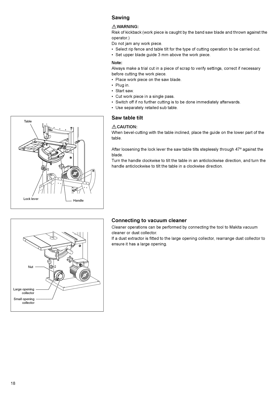 Makita LB1200F instruction manual Sawing, Saw table tilt, Connecting to vacuum cleaner 